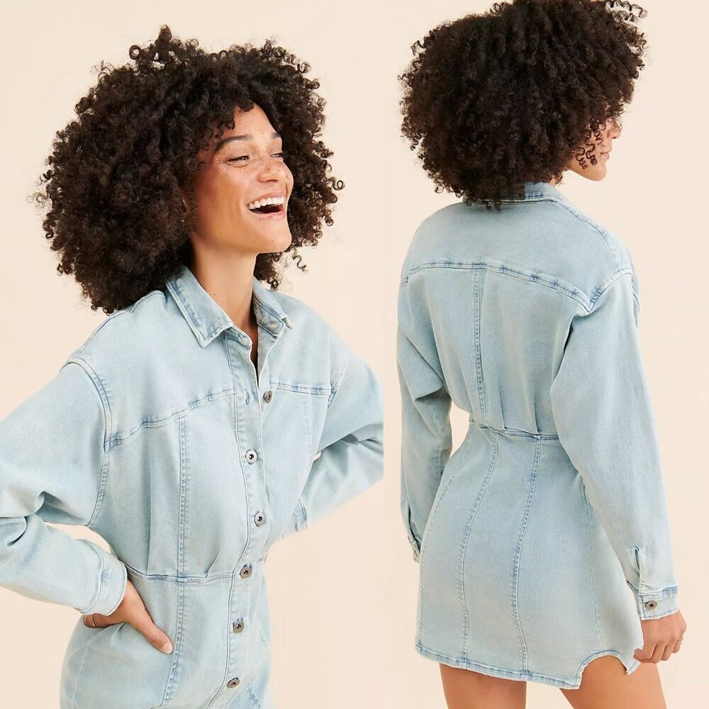 New! Free People Light Blue Amber Denim Mini Dress Size 4 - 1853